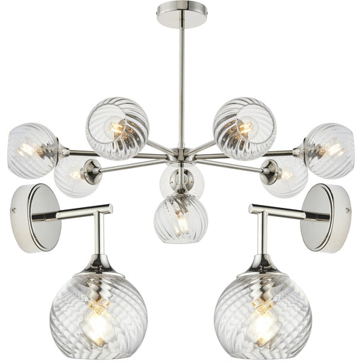 8 Light Pendant Lamp & 2x Matching Wall Lights - Bright Nickel Clear Spiral Patterned Shade