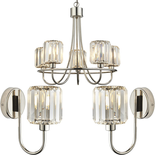 5 Light Ceiling Pendant & 2x Matching Wall Lights - Bright Nickel Frosted Glass Chandelier 