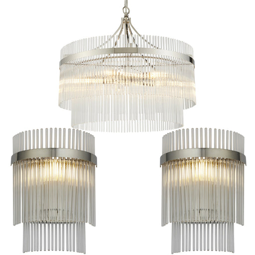 5 Light Ceiling Pendant & 2x Matching Wall Lamps - Polsihed Nickel Decorative Glass Rod Shades