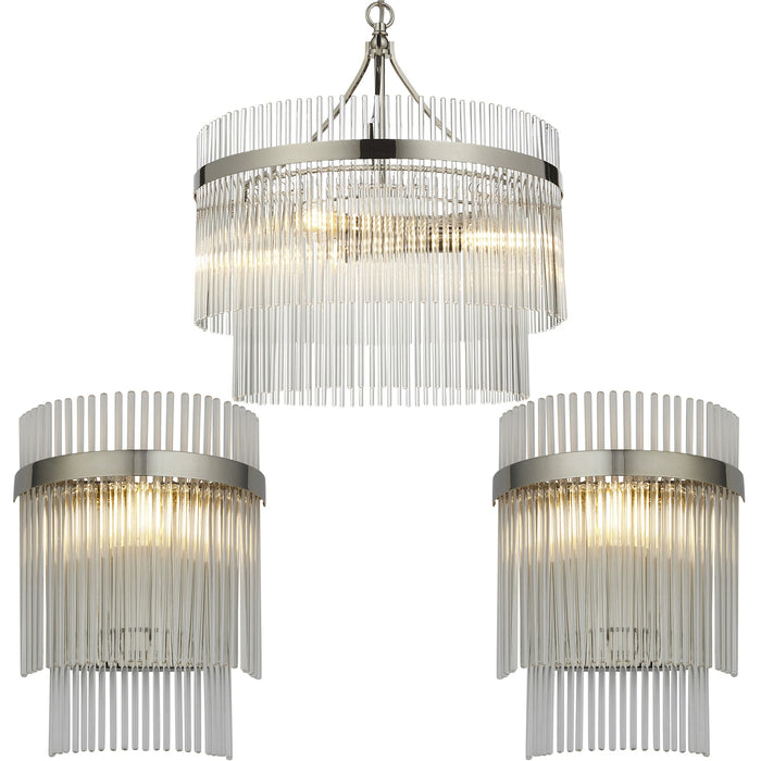 3 Light Ceiling Pendant & 2x Matching Wall Lamps - Polsihed Nickel Decorative Glass Rod Shades