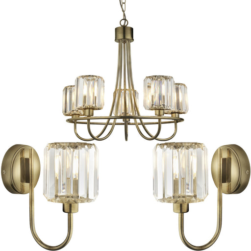 5 Light Ceiling Pendant & 2x Matching Wall Lights - Antique Brass Faceted Glass Lamp