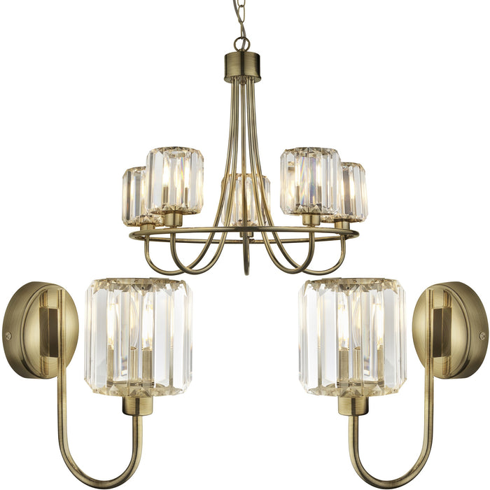 5 Light Ceiling Pendant & 2x Matching Wall Lights - Antique Brass Faceted Glass Lamp