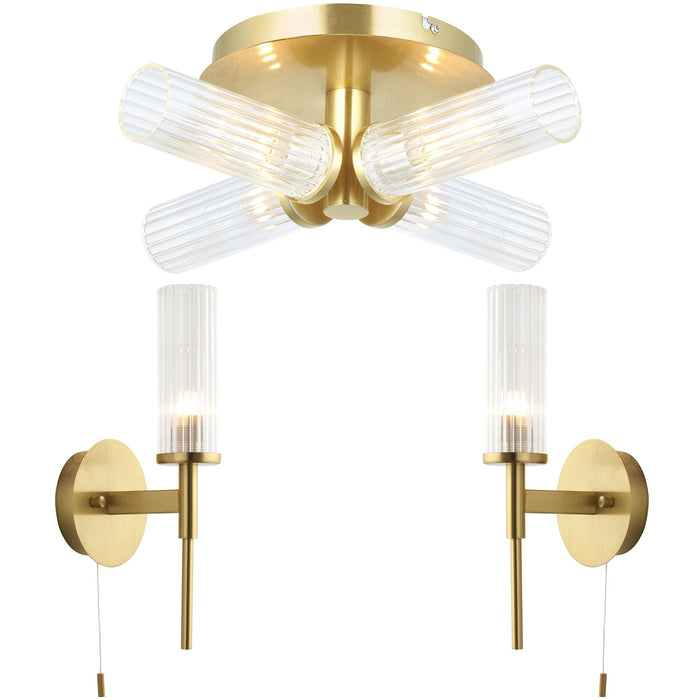 Semi Flush Ceiling Light & 2x Matching Wall Lights - Satin Brass Clear Ribbed Cylinder Shades