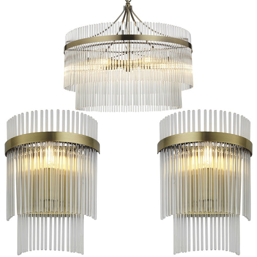 5 Light Ceiling Pendant & 2x Matching Wall Light - Clear Glass rods Antique Brass Ring