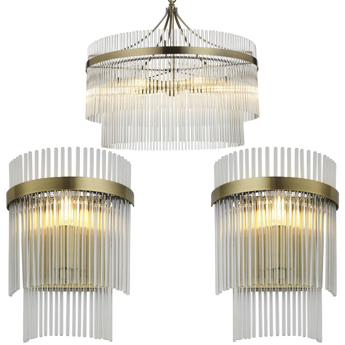 5 Light Ceiling Pendant & 2x Matching Wall Light - Clear Glass rods Antique Brass Ring