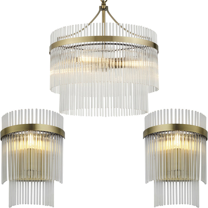 3 Light Ceiling Pendant & 2x Matching Wall Light - Clear Glass rods Antique Brass Ring