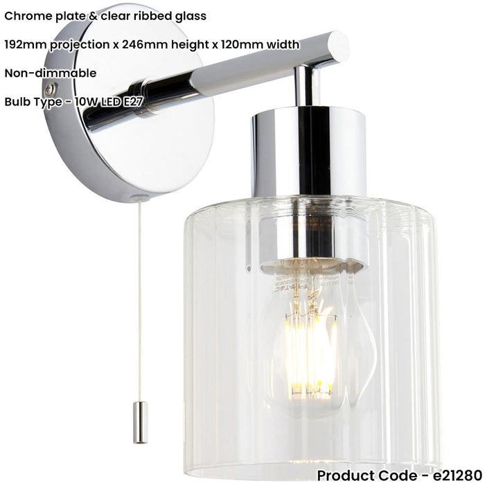 IP44 Bathroom Wall Light - Chrome Plated Clear Ribbed Glass Shade - 10W LED E27