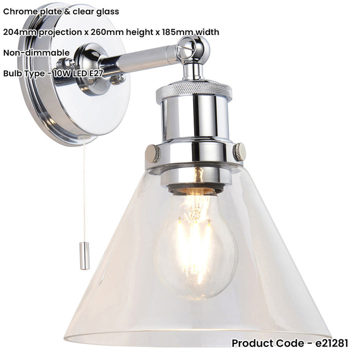 IP44 Bathroom Wall Light - Chrome Plated Clear Coned Glass Shade - 10W LED E27