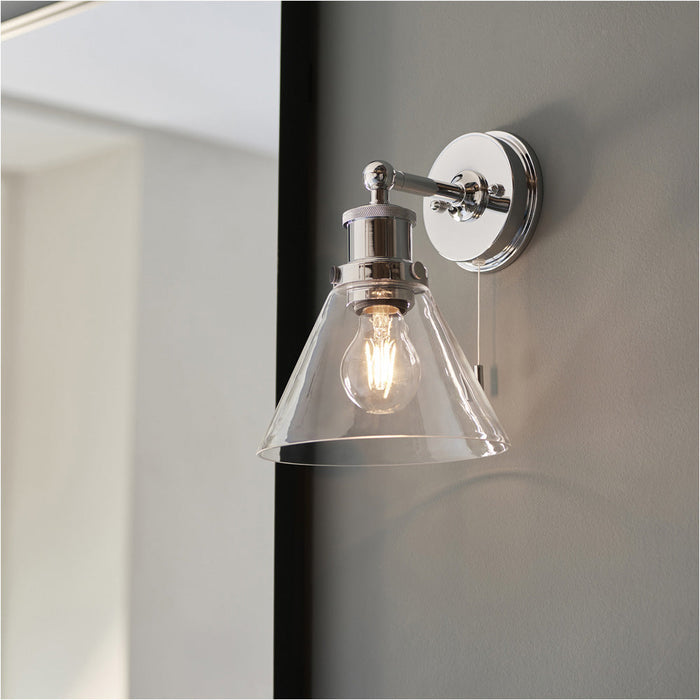 IP44 Bathroom Wall Light - Chrome Plated Clear Coned Glass Shade - 10W LED E27