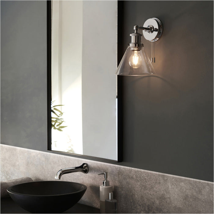 IP44 Bathroom Wall Light - Chrome Plated Clear Coned Glass Shade - 10W LED E27