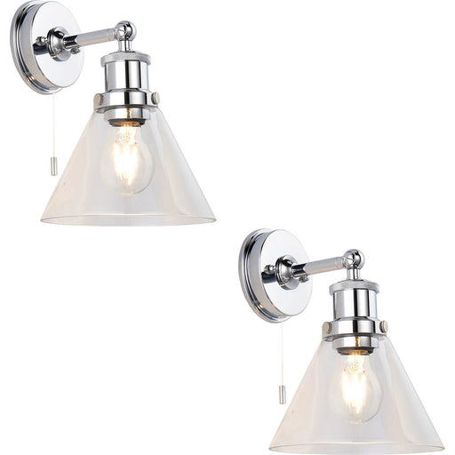 2 PACK IP44 Bathroom Wall Light - Chrome Plated Clear Coned Glass Shade - 10W LED E27