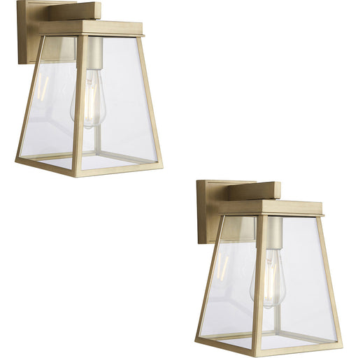 2 PACK IP44 Outdoor Wall Light - Brushed Gold & Clear Glass Shade - Garage Porch Lamp