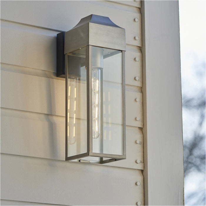 2 PACK IP44 Outdoor Wall Light - Aged Pewter Rectangle Clear Glass Lantern - Garage Porch Lamp