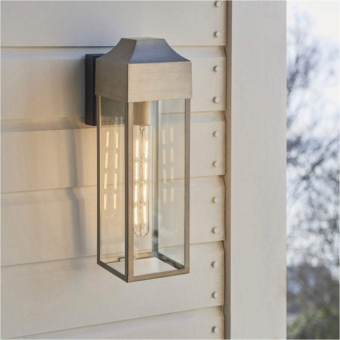 IP44 Outdoor Wall Light - Aged Pewter Rectangle Clear Glass Lantern - Garage Porch Lamp