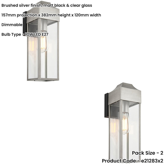 2 PACK IP44 Outdoor Wall Light - Aged Pewter Rectangle Clear Glass Lantern - Garage Porch Lamp