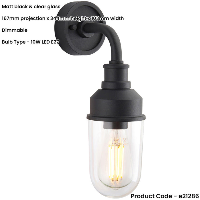 IP44 Outdoor Wall Light - Textured Black Industiral Frame Clear Glass Shade - Garage Porch Lamp