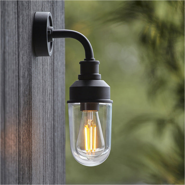 IP44 Outdoor Wall Light - Textured Black Industiral Frame Clear Glass Shade - Garage Porch Lamp