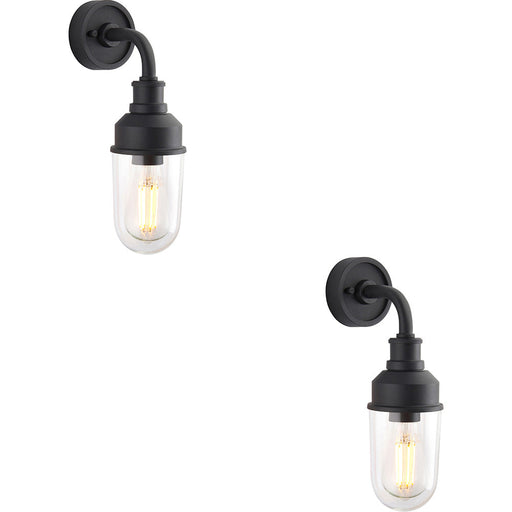 2 PACK IP44 Outdoor Wall Light - Textured Black Industiral Frame Clear Glass Shade - Garage Porch Lamp