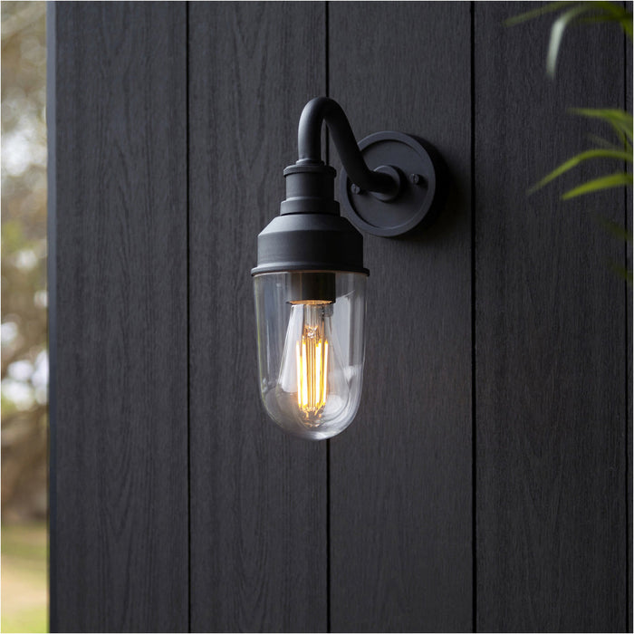 2 PACK IP44 Outdoor Wall Light - Textured Black Curved Arm Clear Glass Shade - Garage Porch Lamp