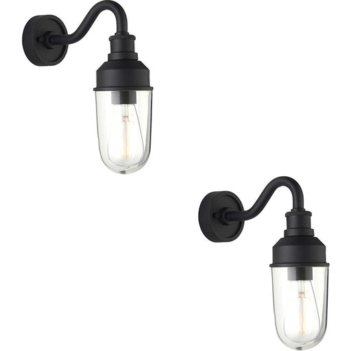 2 PACK IP44 Outdoor Wall Light - Textured Black Curved Arm Clear Glass Shade - Garage Porch Lamp