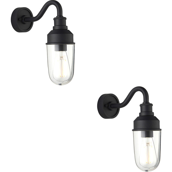 2 PACK IP44 Outdoor Wall Light - Textured Black Curved Arm Clear Glass Shade - Garage Porch Lamp