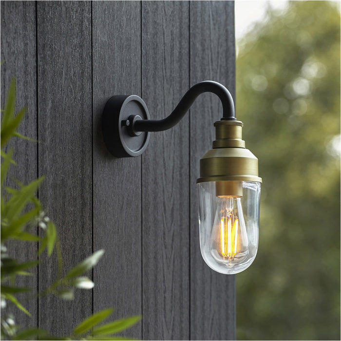 2 PACK IP44 Outdoor Wall Light - Textured Black & Gold Curved Arm - Garage Porch Lamp