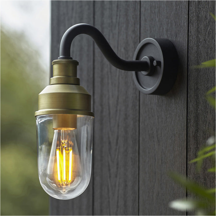 IP44 Outdoor Wall Light - Textured Black & Gold Curved Arm - Garage Porch Lamp