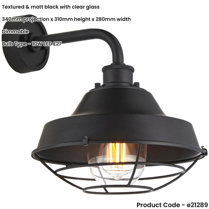 IP44 Outdoor Wall Light - Textured & Matt Black Caged Lamp - Garage Porch