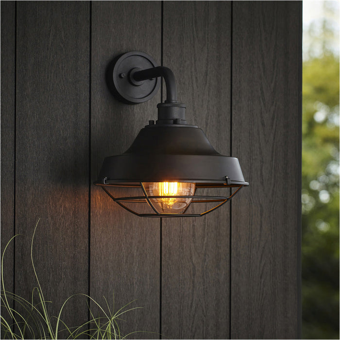 IP44 Outdoor Wall Light - Textured & Matt Black Caged Lamp - Garage Porch