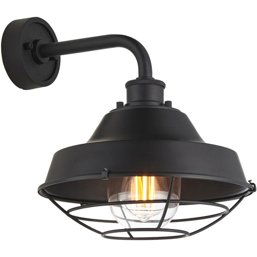 IP44 Outdoor Wall Light - Textured & Matt Black Caged Lamp - Garage Porch