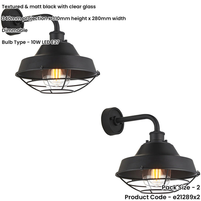 2 PACK IP44 Outdoor Wall Light - Textured & Matt Black Caged Lamp - Garage Porch