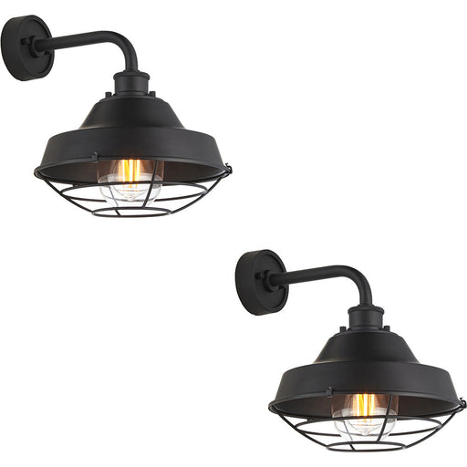 2 PACK IP44 Outdoor Wall Light - Textured & Matt Black Caged Lamp - Garage Porch