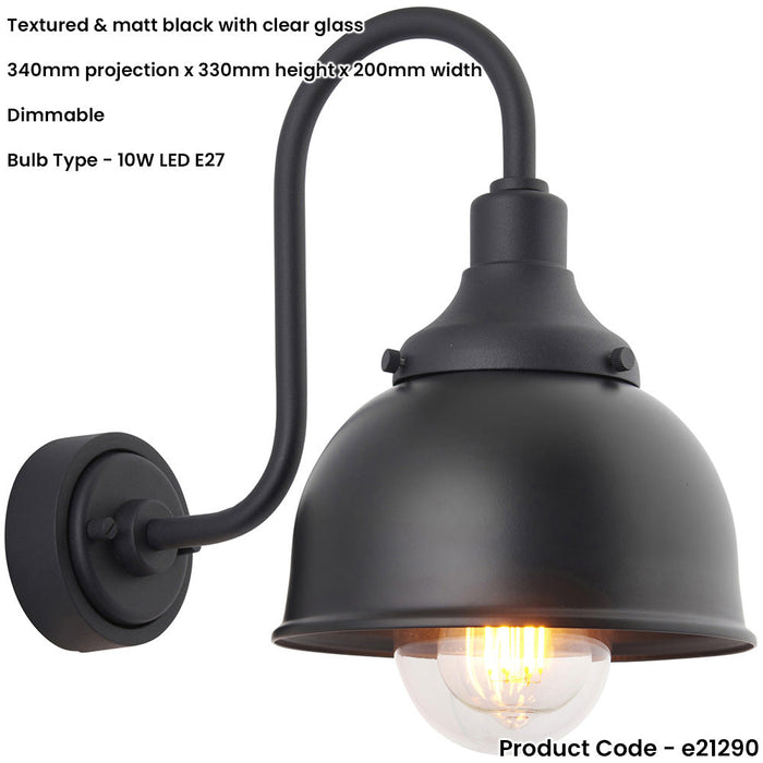 IP44 Outdoor Wall Light - Textured & Matt Black Swan Neck Lamp - Garage Porch