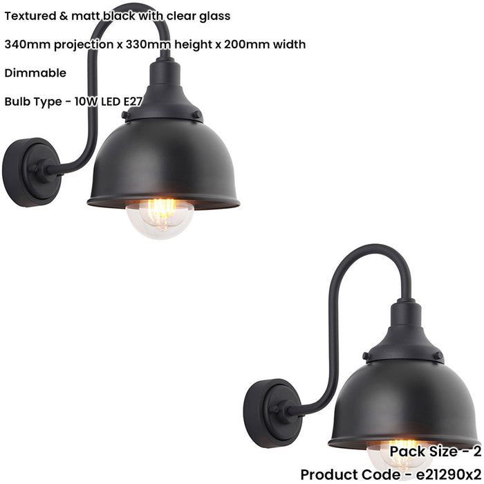 2 PACK IP44 Outdoor Wall Light - Textured & Matt Black Swan Neck Lamp - Garage Porch