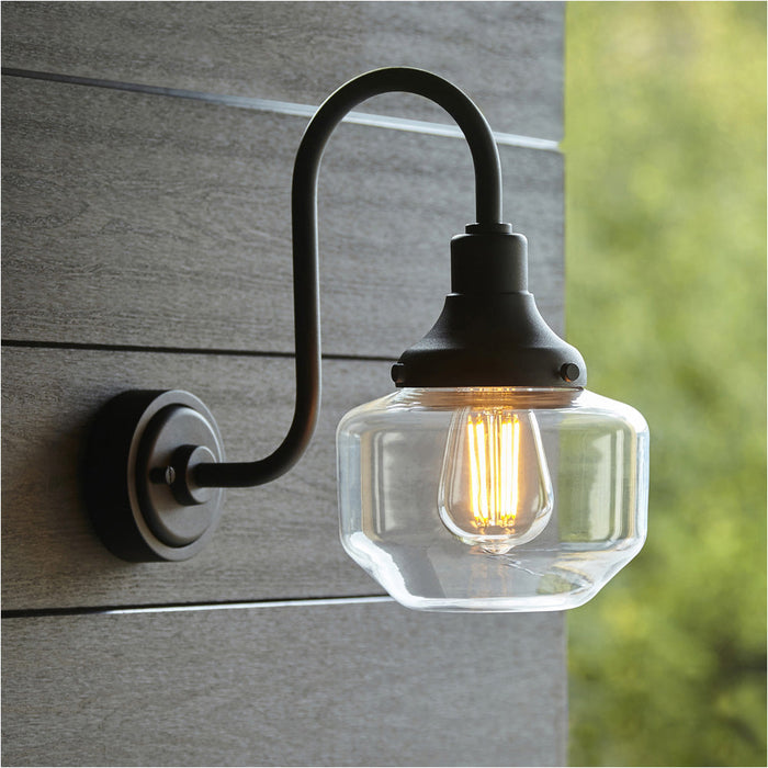 2 PACK IP44 Outdoor Wall Light - Textured & Matt Black Swan Neck Lamp - Clear Glass Shaped Shade - Garage Porch