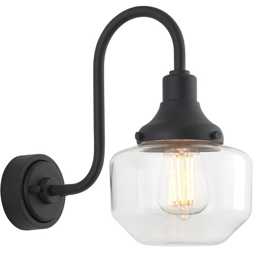 IP44 Outdoor Wall Light - Textured & Matt Black Swan Neck Lamp - Clear Glass Shaped Shade - Garage Porch