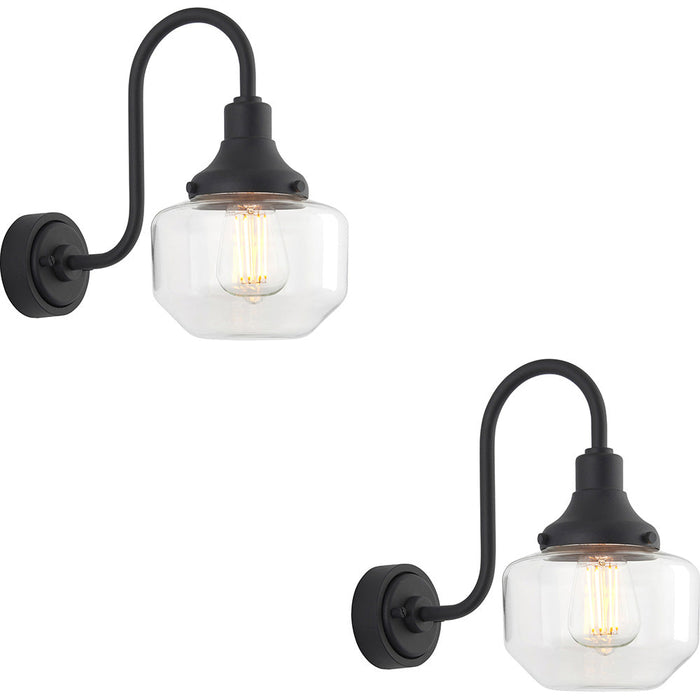 2 PACK IP44 Outdoor Wall Light - Textured & Matt Black Swan Neck Lamp - Clear Glass Shaped Shade - Garage Porch