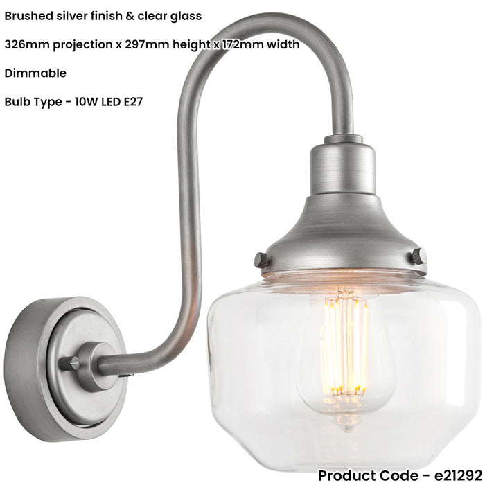 IP44 Outdoor Wall Light - Brushed Slilver Swan Neck Lamp - Clear Glass Shaped Shade - Garage Porch