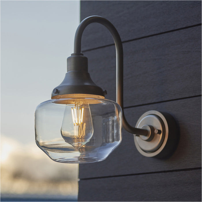 IP44 Outdoor Wall Light - Brushed Slilver Swan Neck Lamp - Clear Glass Shaped Shade - Garage Porch