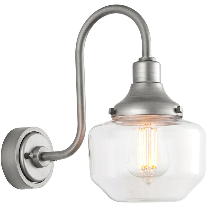 IP44 Outdoor Wall Light - Brushed Slilver Swan Neck Lamp - Clear Glass Shaped Shade - Garage Porch