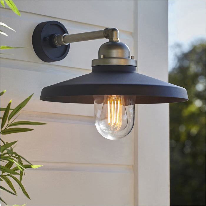 2 PACK IP44 Outdoor Wall Light - Textured Black Aged Pewter Arm - Clear Glass Shade - Garage Porch Lamp