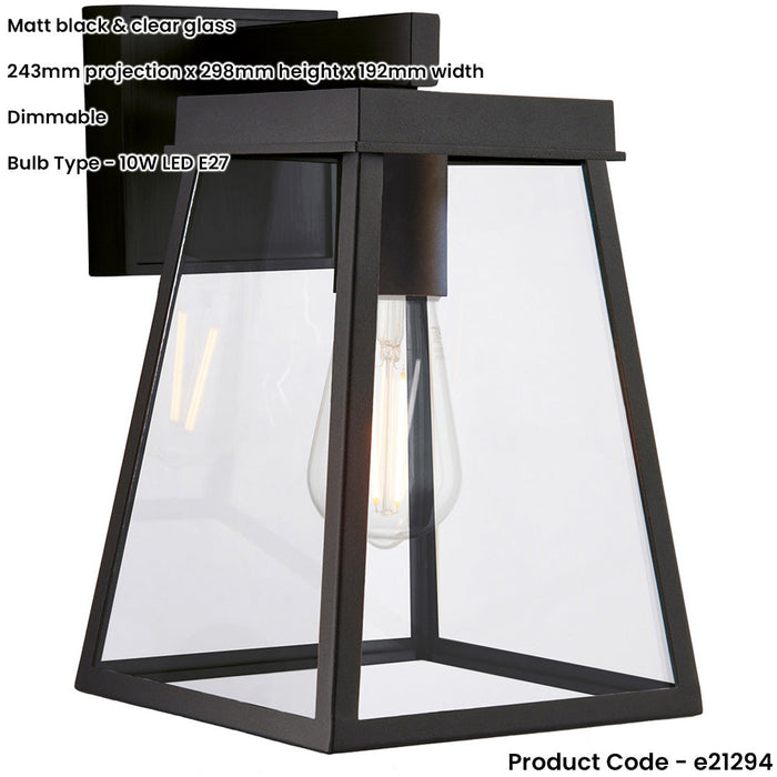 IP44 Outdoor Wall Light - Matt Black & Clear Glass Shade - Garage Porch Lamp