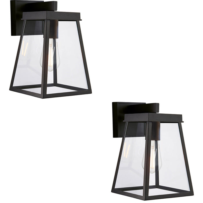 2 PACK IP44 Outdoor Wall Light - Matt Black & Clear Glass Shade - Garage Porch Lamp