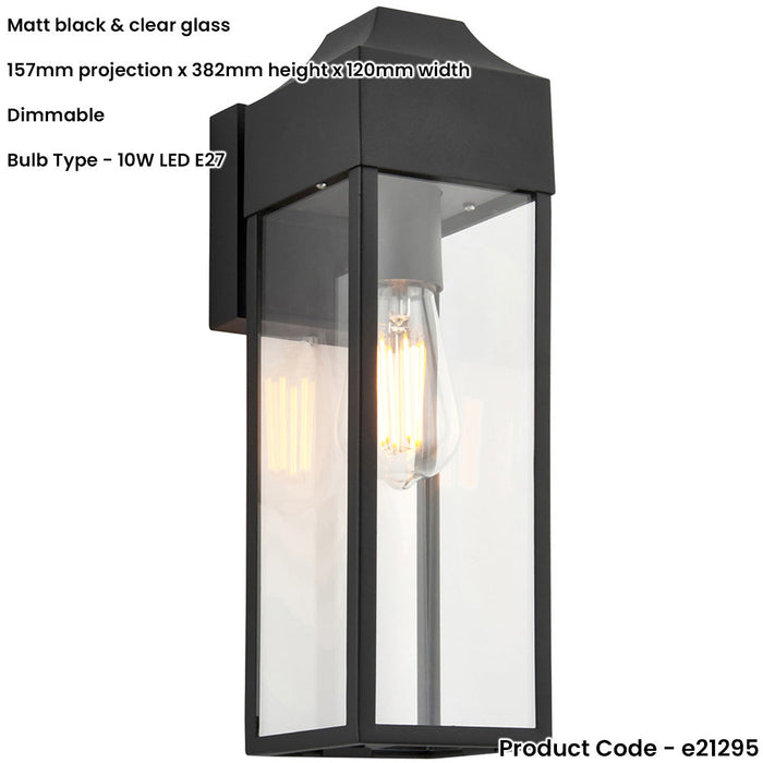 IP44 Outdoor Wall Light - Matt Black Rectangle Clear Glass Lantern - Garage Porch Lamp