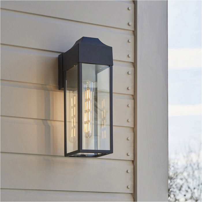 2 PACK IP44 Outdoor Wall Light - Matt Black Rectangle Clear Glass Lantern - Garage Porch Lamp