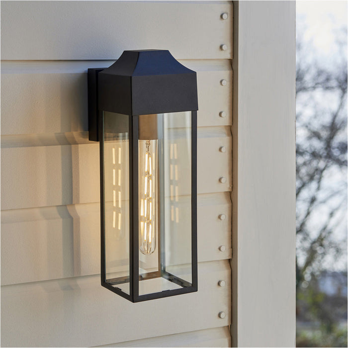 IP44 Outdoor Wall Light - Matt Black Rectangle Clear Glass Lantern - Garage Porch Lamp