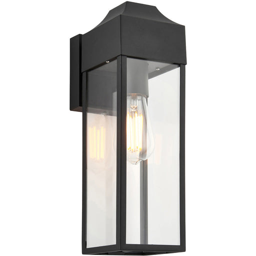 IP44 Outdoor Wall Light - Matt Black Rectangle Clear Glass Lantern - Garage Porch Lamp