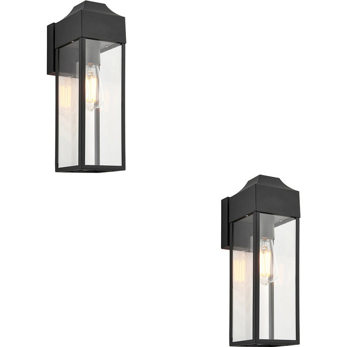 2 PACK IP44 Outdoor Wall Light - Matt Black Rectangle Clear Glass Lantern - Garage Porch Lamp