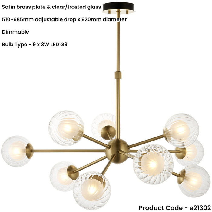 Multi Arm Hanging Ceiling Pendant Light - Satin Brass Plate & Clear/Frosted Glass Shade - 9 x 3W LED G9