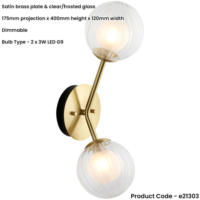 Satin Brass Dimmable Wall Light - 2x Dome Ribbed Glass Shade -  2x 3W LED G9